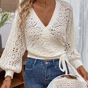 Beige Casual Women's Lantern Sleeve V Neck Knot Side Pointelle Knit Cardigan